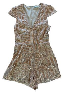 Charlotte Russe Gold Sequin Romper XS Champagne Party Sparkle V Neck
